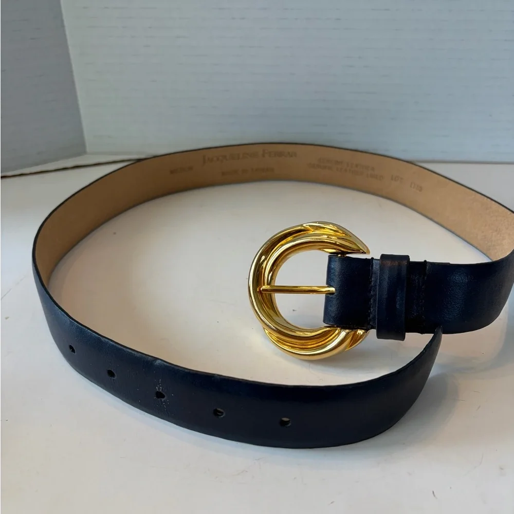 Jaqueline Ferrar navy leather gold tone buckle belt‎